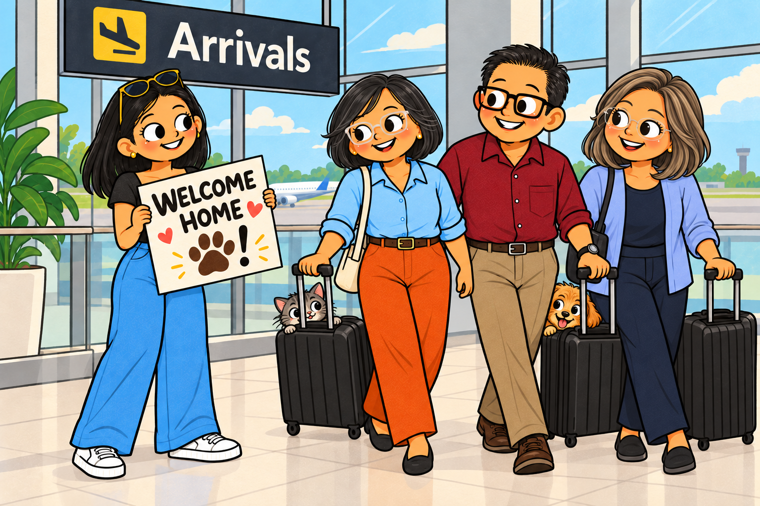Oso welcoming Mum, Dad and Tita at arrivals with a Welcome Home! poster; a tiny cat and dog peek from the luggage