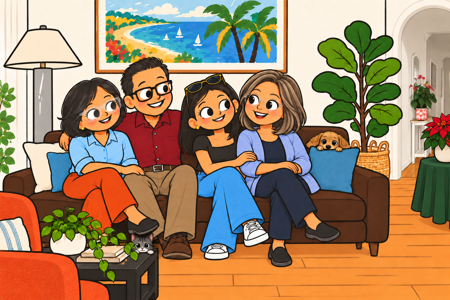 Mum, Dad, Nix and Tita together on the brown couch, with Nix beside Tita and a poinsettia on a green-covered round table