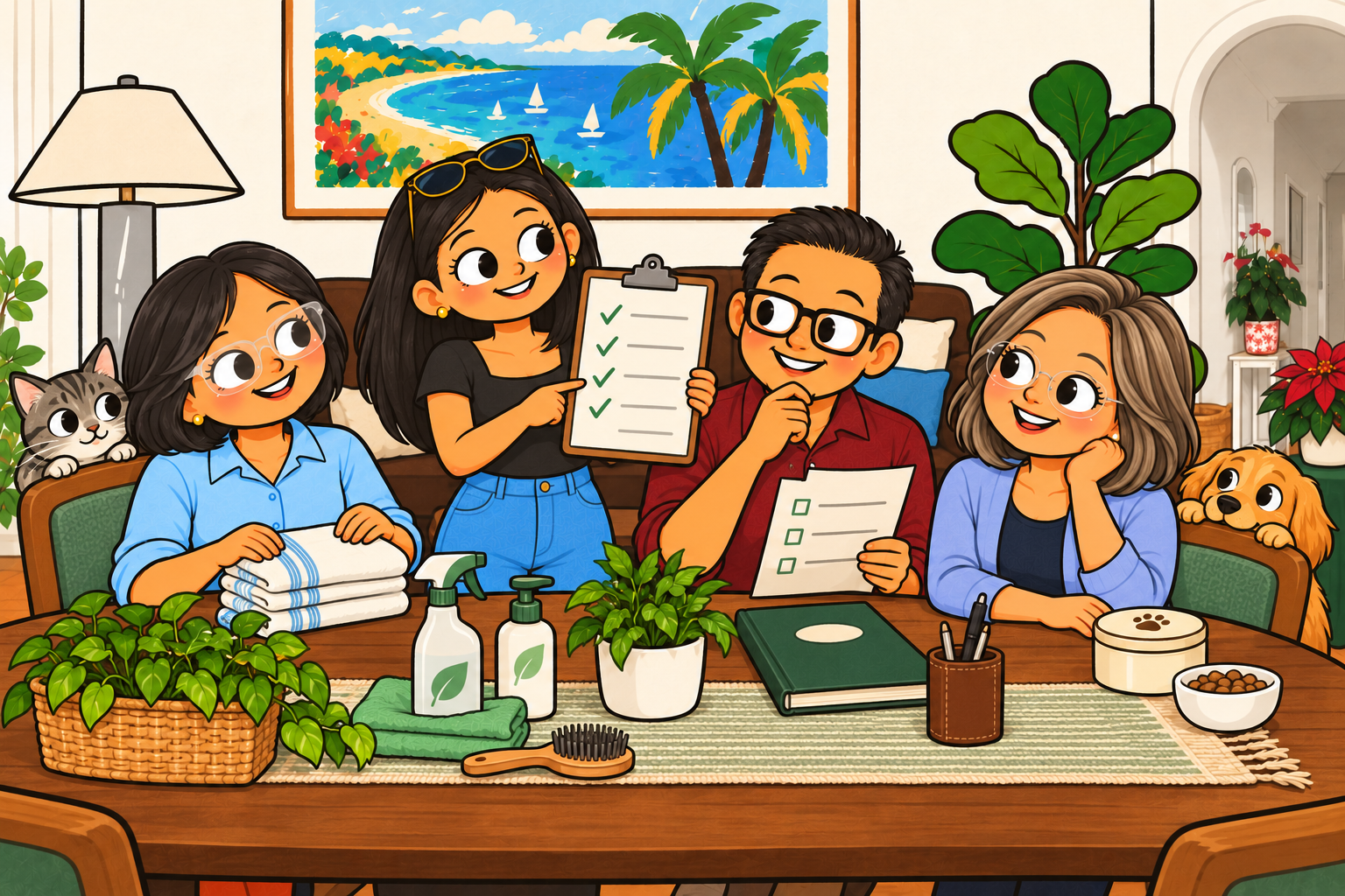 The family reviewing Oso’s pet-care plan with checklists, cleaning supplies and two pets peeking into the briefing