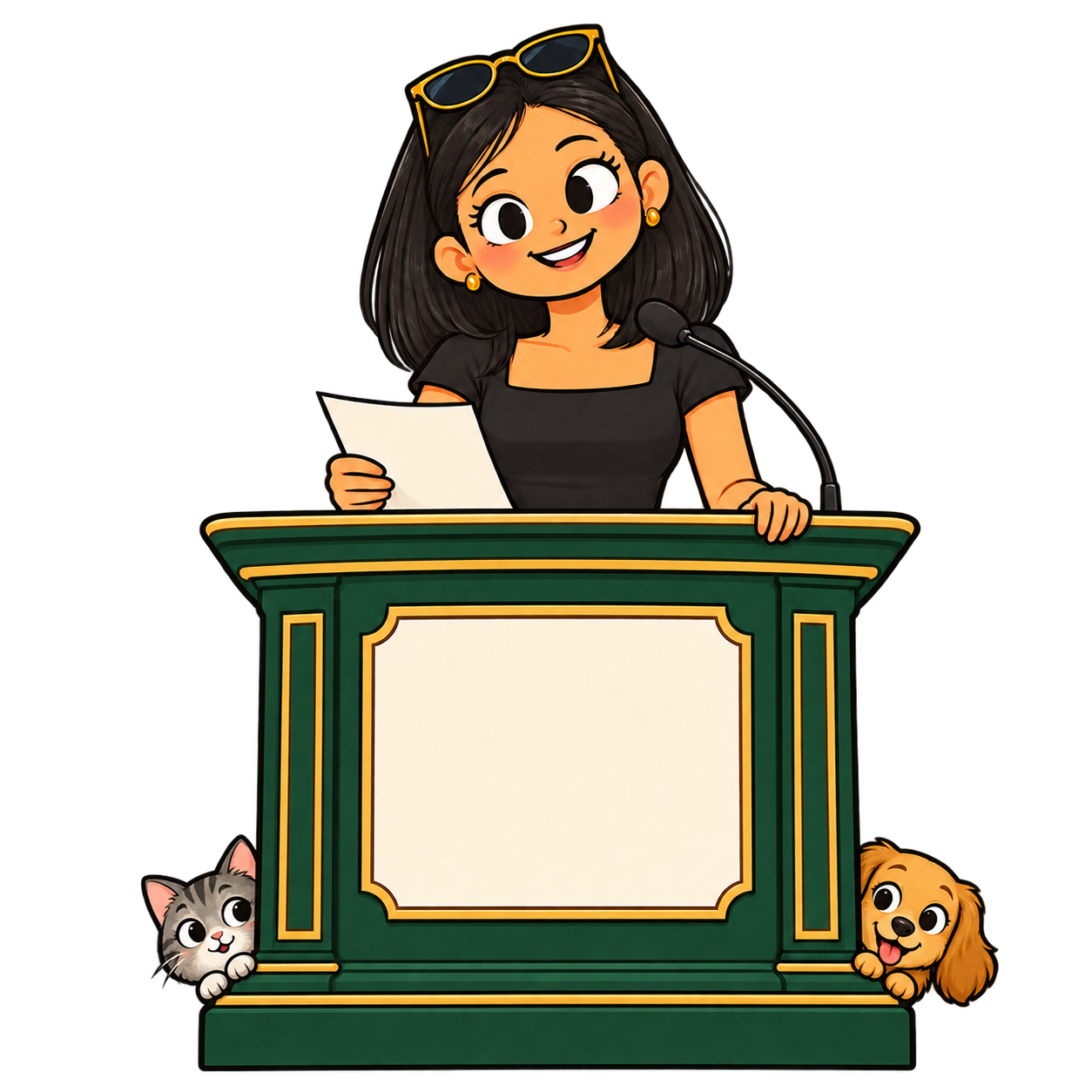 Illustrated Oso, in her black top with sunglasses on her head, presenting the family pet proposal at a green podium