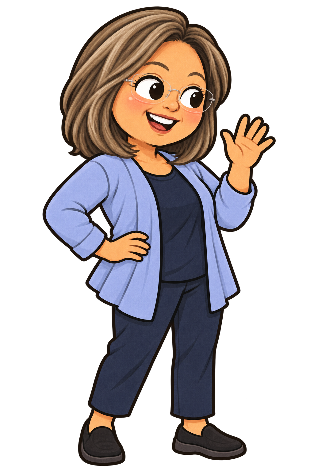 Illustrated Tita smiling and waving beside Oso, wearing her glasses and blue cardigan